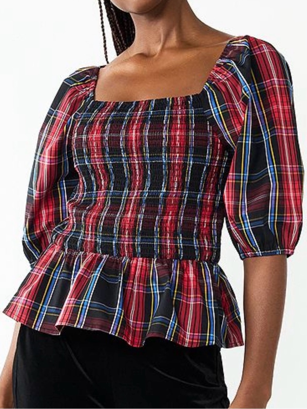 Draper James Peplum Top Puffed Sleeves Smocked Plaid Tartan Size S